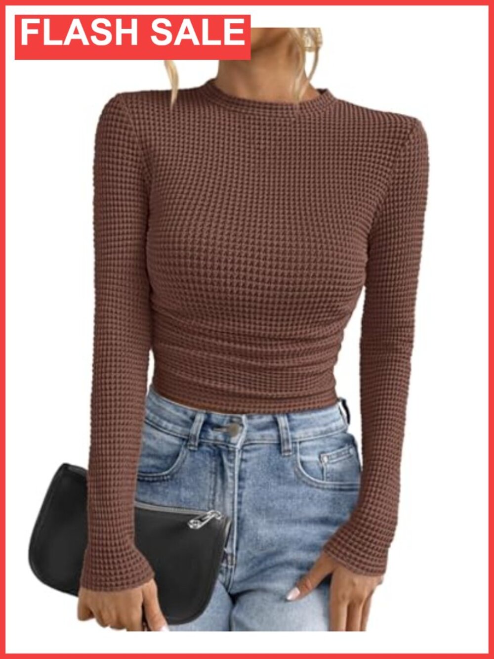 Waffle Knit Ruched Long Sleeve Fitted Crop Top Y2K